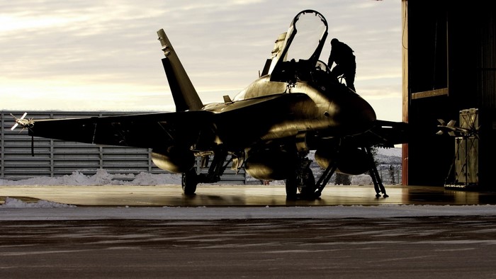 McDonnell Douglas CF-18 Hornet fighter jet in hangar