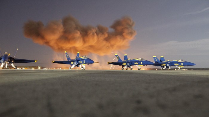 Blue Angels F/A-18 Hornets on Tarmac with Smoke