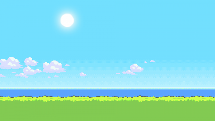 Pixel art landscape with sun, clouds, ocean, and grass