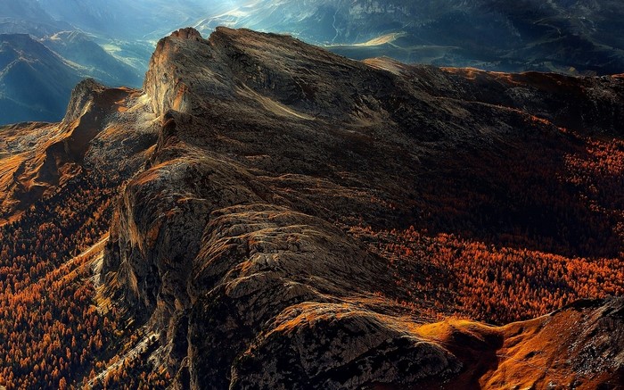 Autumn forest on a rocky mountain ridge in the Dolomites