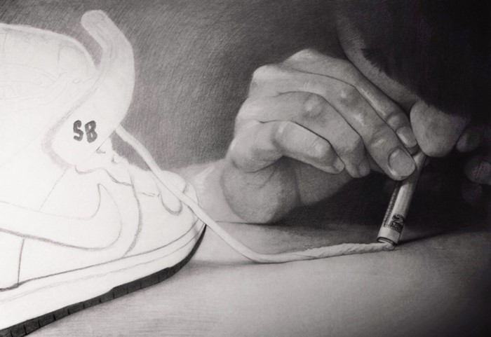 Drawing of a hand using a rolled dollar bill to snort a line of cocaine next to a sneaker