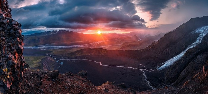Sunset Over Icelandic Mountain Range and Glacier