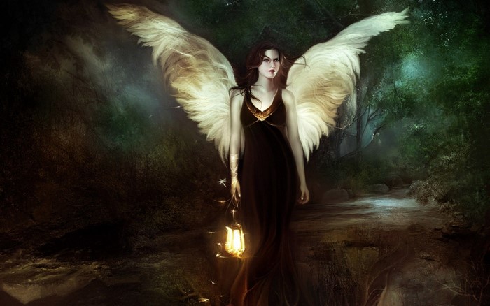 Fantasy art of an angel holding a lantern in a dark forest