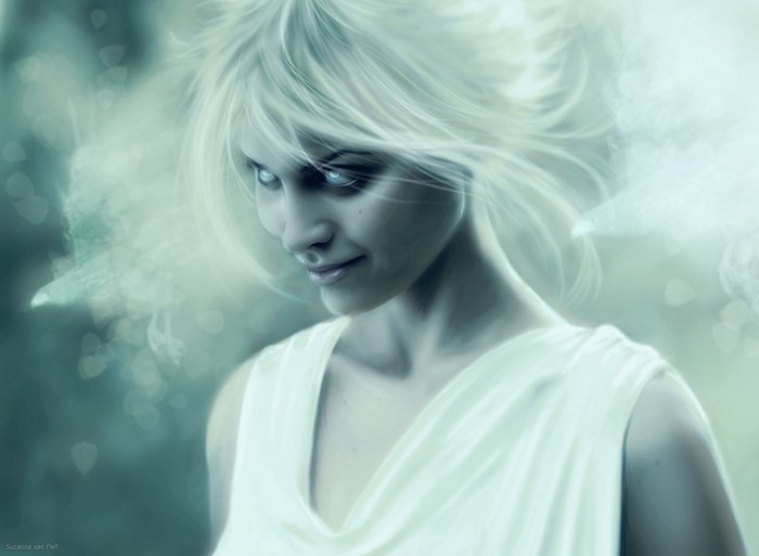 Fantasy art of a woman with white hair