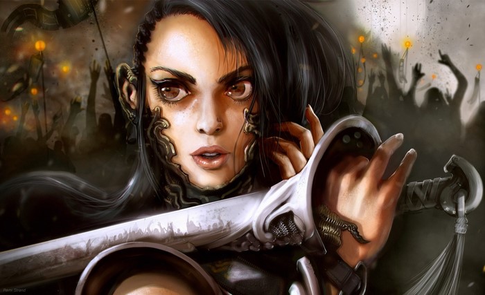 Fantasy art of a woman with a sword