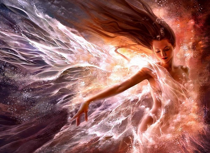 Fantasy art of a woman emerging from water and light