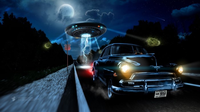 Chevrolet Vintage Car Encountering UFO at Night