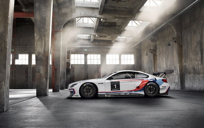 BMW M6 GT3 race car in industrial building
