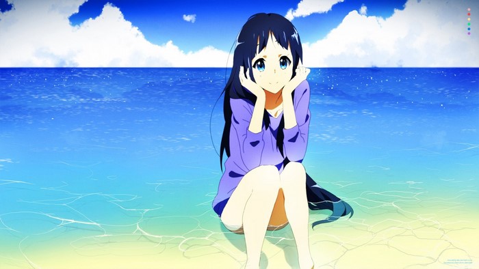 Anime girl with black hair sitting on a beach