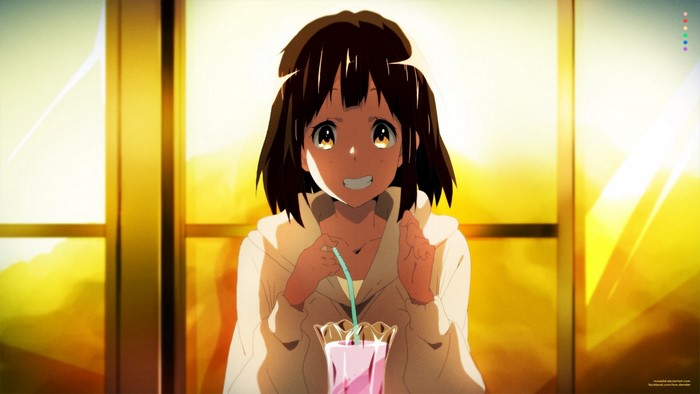 Anime girl with brown hair drinking a milkshake