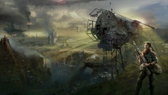 Soldier in a post-apocalyptic landscape with futuristic structures