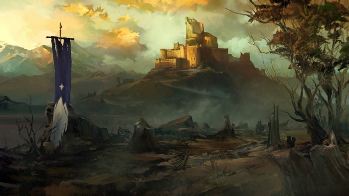 Castle on a hill with a banner and mountains