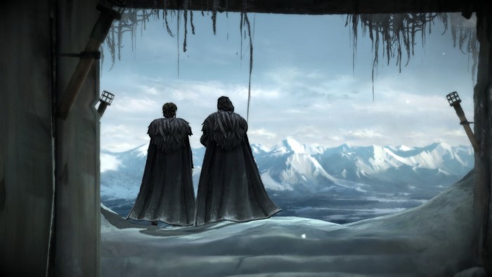 Two figures in black cloaks stand on a snowy precipice overlooking mountains, Game of Thrones A Telltale Games Series