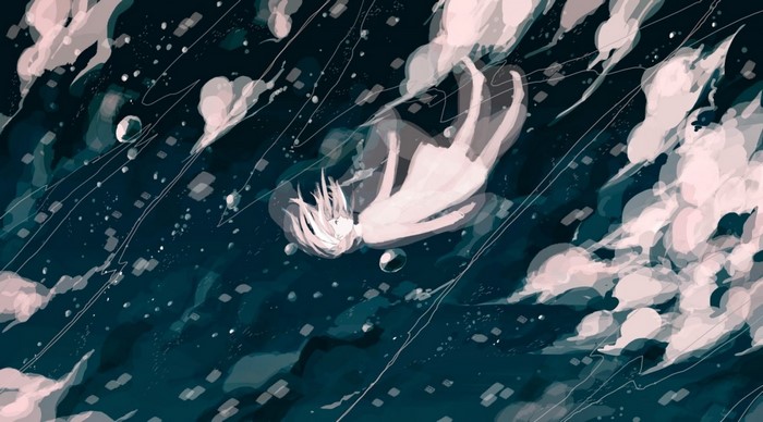 Anime girl falling through clouds and water