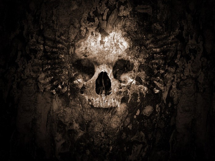 Skull emerging from a dark, textured cave wall