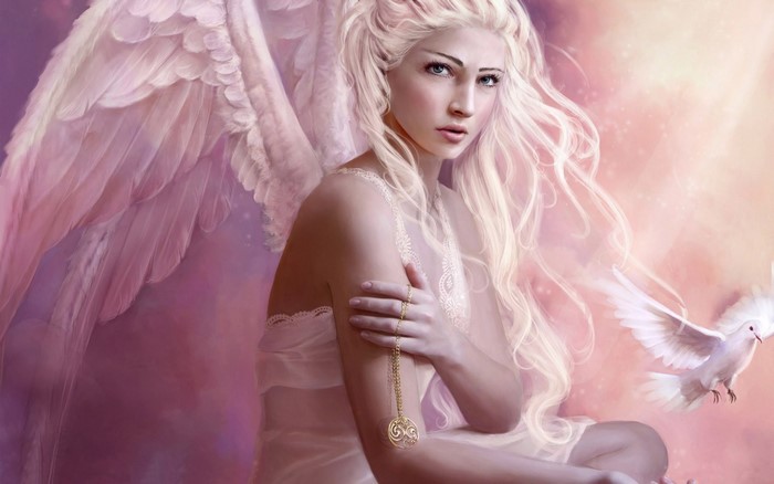 Angel with pink wings and a dove