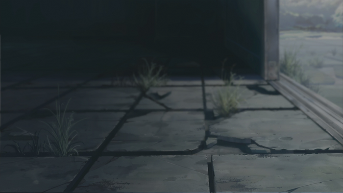 Cracked concrete floor with grass and an opening