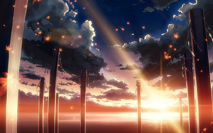 Anime landscape with pillars and falling leaves at sunset