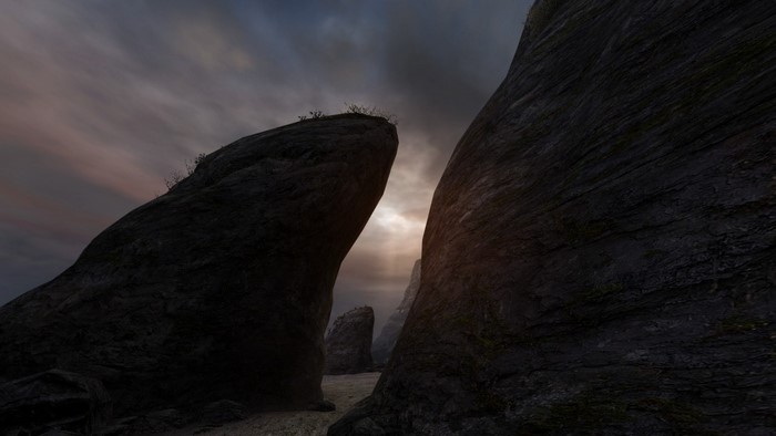 Sunlight breaking through rocks in Dear Esther