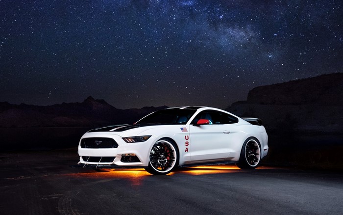 White Ford Mustang GT Apollo Edition under starry sky