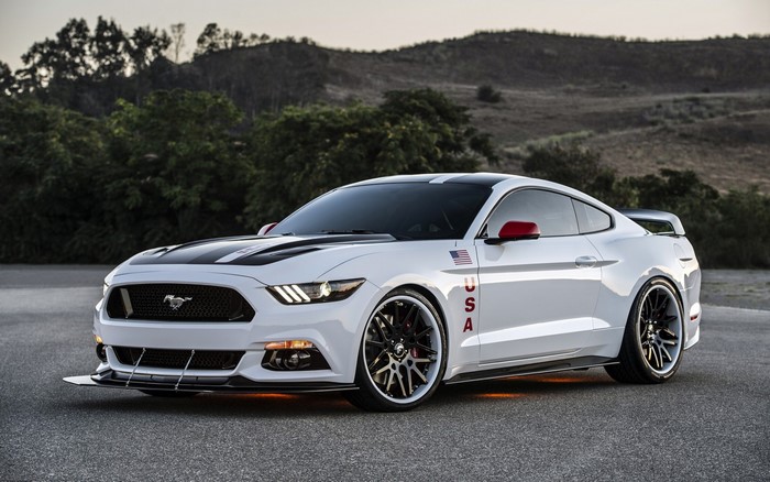 White Ford Mustang GT Apollo Edition with USA decals