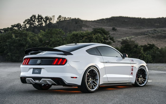 White Ford Mustang GT Apollo Edition with USA decals