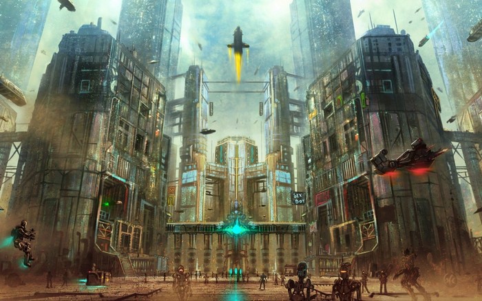 Cyberpunk city with flying vehicles and robots