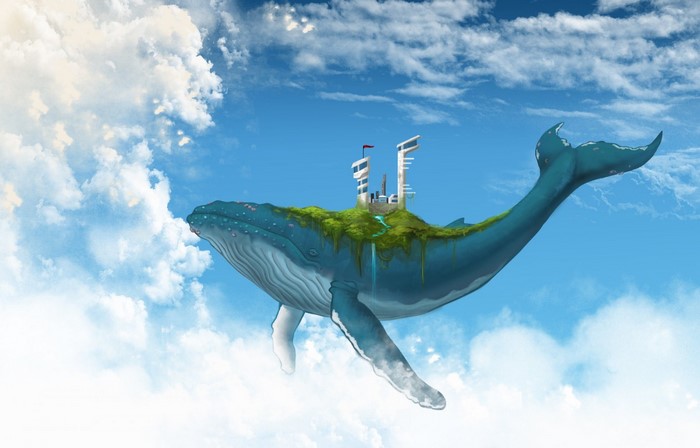 Whale with island and futuristic buildings floating in the sky