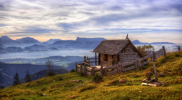 Cabin on a Hill in the Austrian Alps at Morning