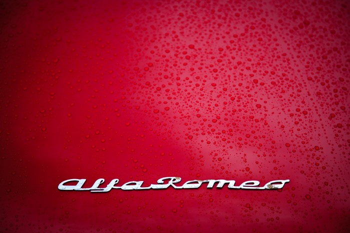Alfa Romeo logo on a red car hood with water droplets
