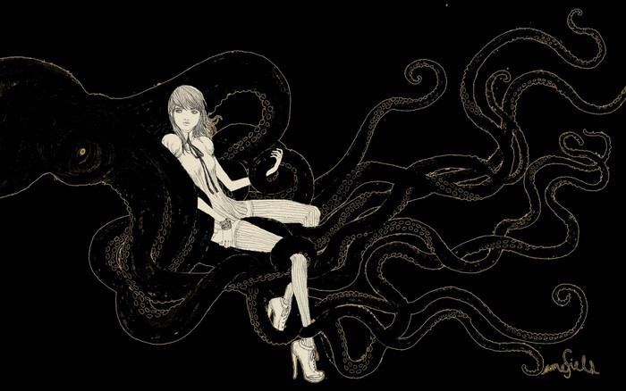 Woman entangled with an octopus