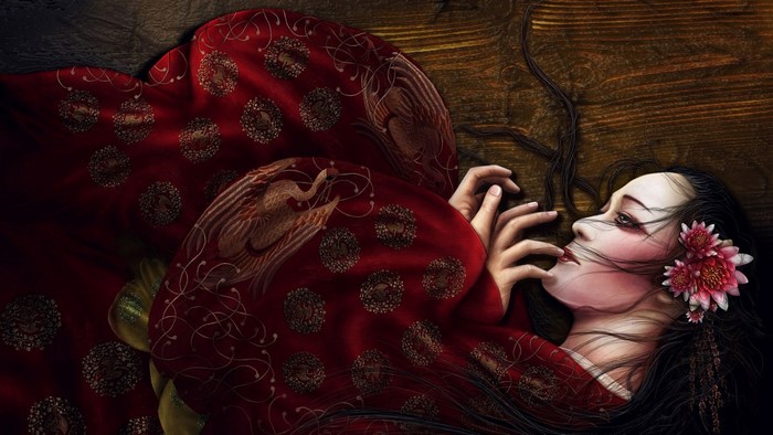 Fantasy art of a woman in a red kimono