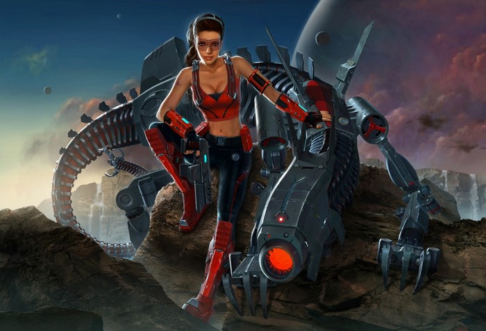 Woman in sci-fi armor with a mech
