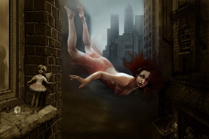 Woman falling through city with doll in window