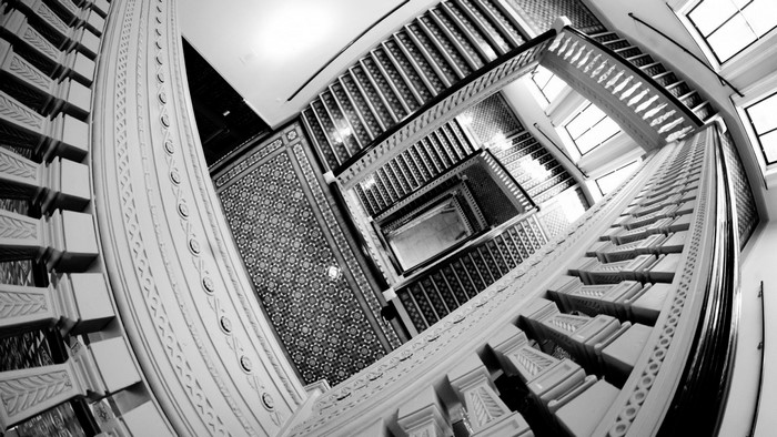 Monochrome Fisheye View of a Spiral Staircase