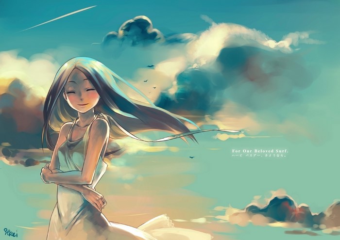 Anime girl with long hair in the clouds