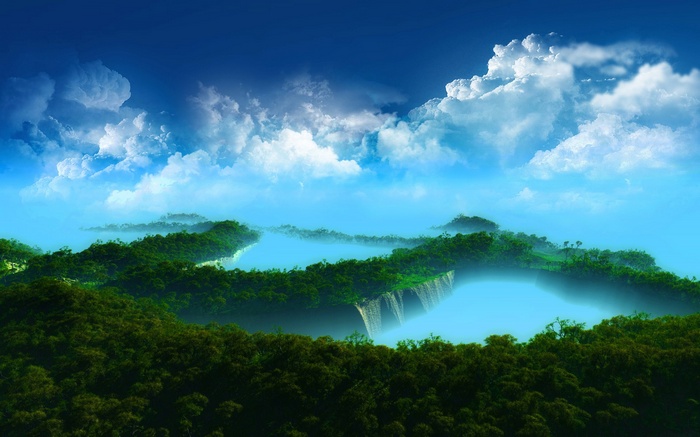 Fantasy landscape with floating islands and waterfalls