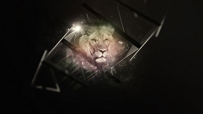Lion's face through geometric shapes with light effects