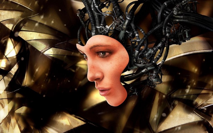 Woman's face with mechanical implants