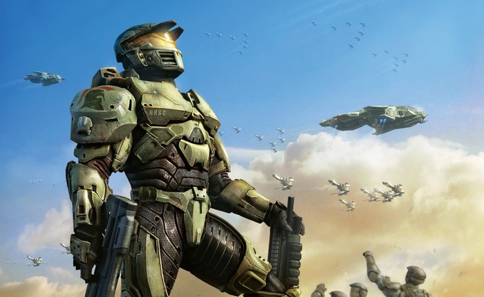 Master Chief from Halo with UNSC ships in the sky