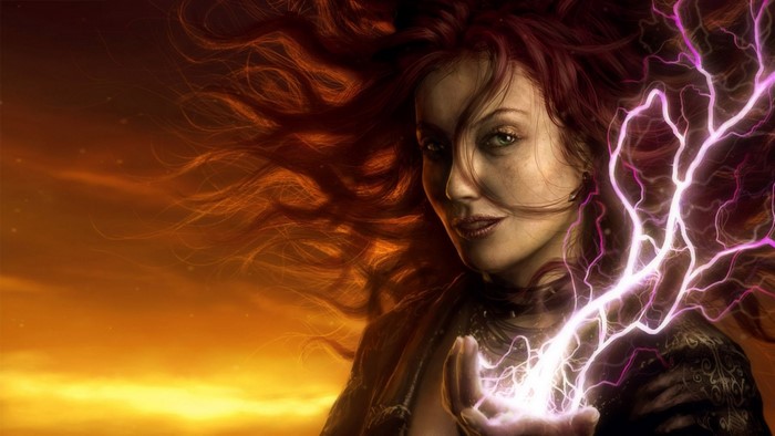 Fantasy art of a woman conjuring lightning