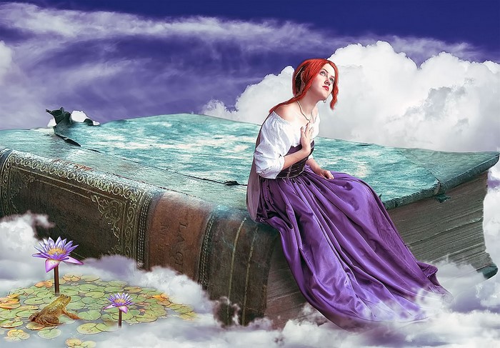 Woman in purple dress sitting on a giant book in the clouds