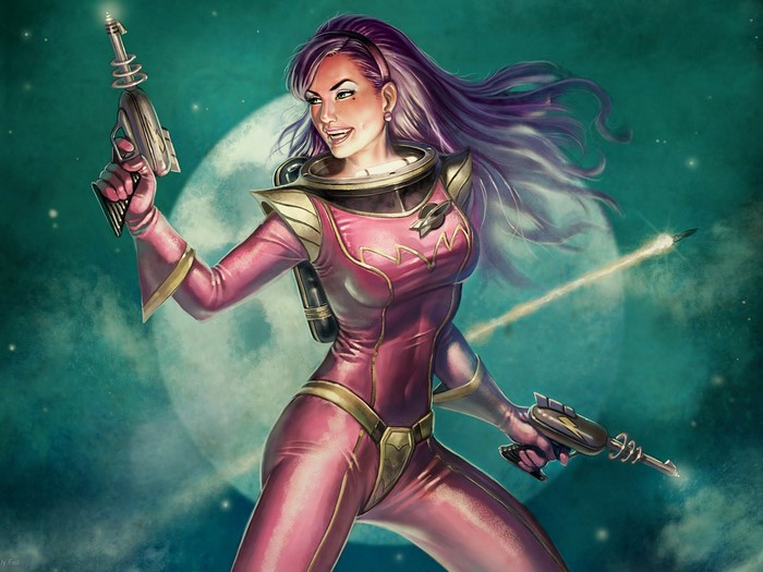 Woman in pink space suit holding ray guns