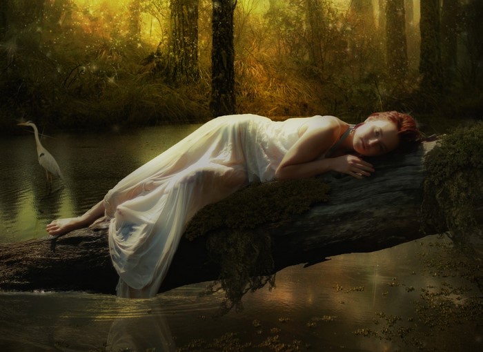 Woman sleeping on a log in a forest stream