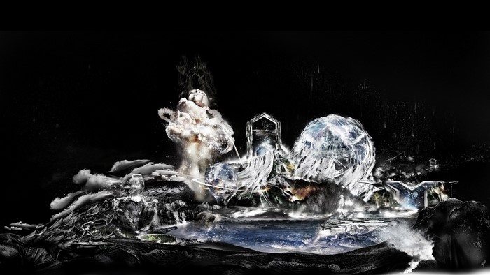 Surreal ice structures at night with smoke and water