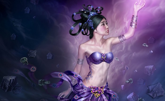 Fantasy illustration of an Asian woman in purple attire