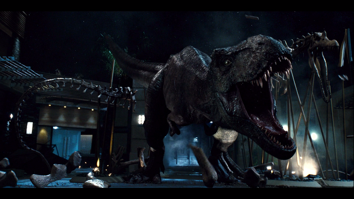 Tyrannosaurus Rex Roars in Jurassic World at Midnight