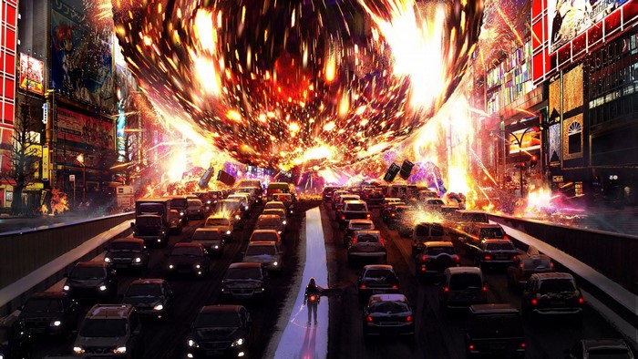 Cityscape at Night with Fiery Meteor Impact and Traffic Jam