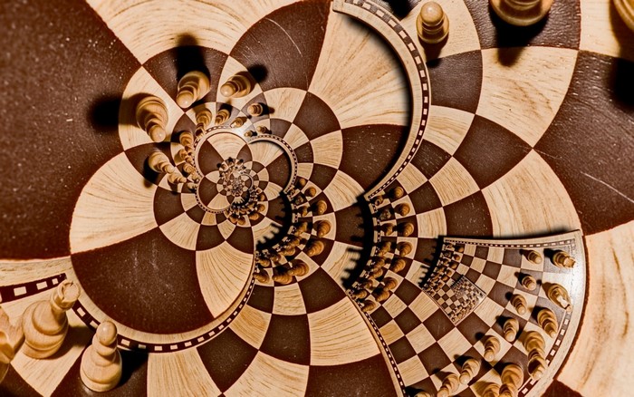 Surreal Chessboard with Recursive Spiral Pattern and Pawns