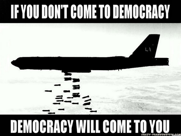 Airplane dropping bombs with text about democracy